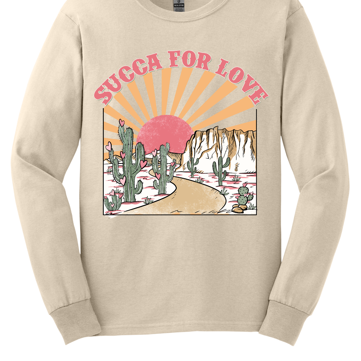 Declare your affection with our "Succa for Love" T-shirt – a playful and heartwarming garment that beautifully combines a clever phrase with the serene beauty of cactuses and a sunrise or sunset. Perfect for those who appreciate a unique and charming expression of love inspired by the beauty of the desert. Shop at Gorgeousware.com