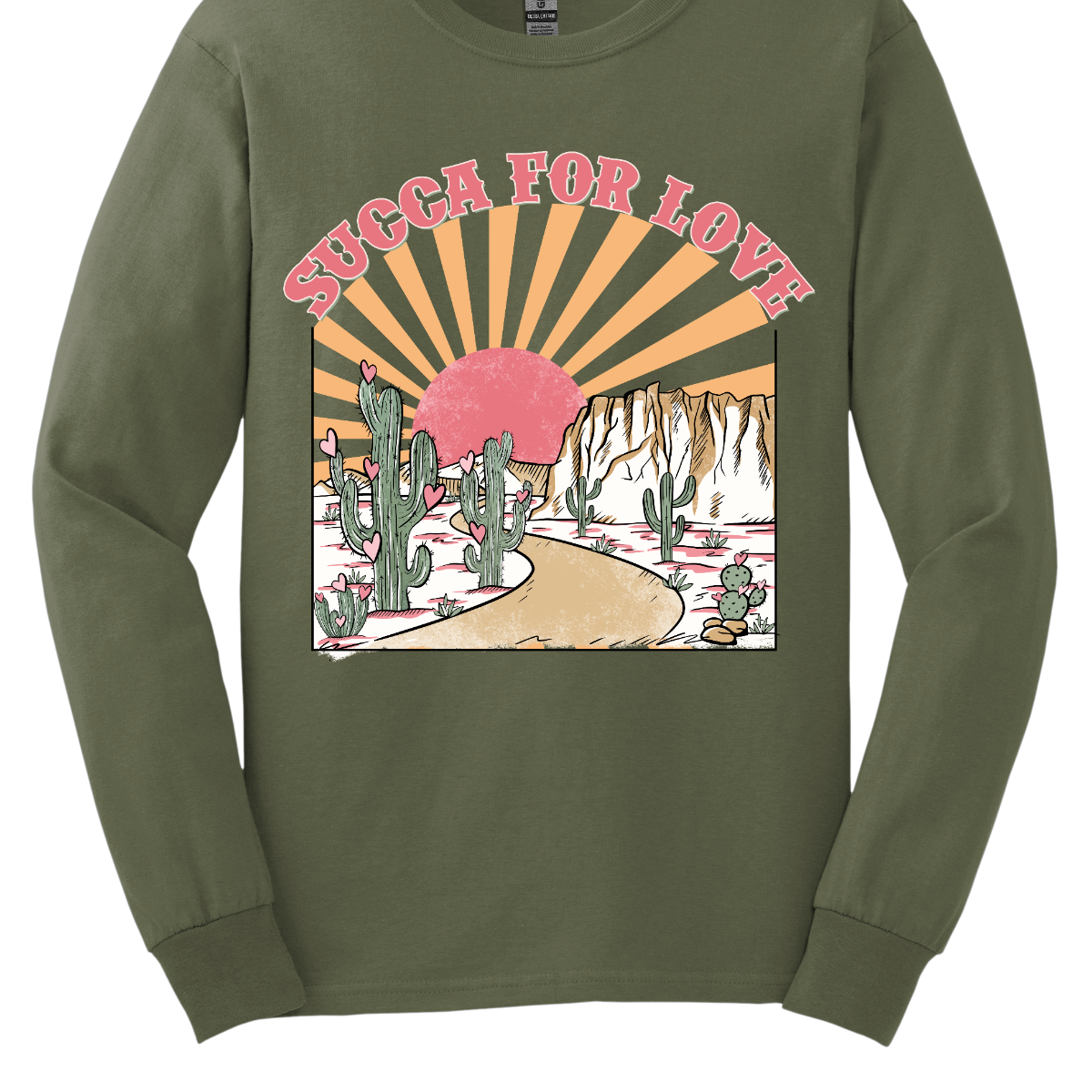 Declare your affection with our "Succa for Love" T-shirt – a playful and heartwarming garment that beautifully combines a clever phrase with the serene beauty of cactuses and a sunrise or sunset. Perfect for those who appreciate a unique and charming expression of love inspired by the beauty of the desert. Shop at Gorgeousware.com