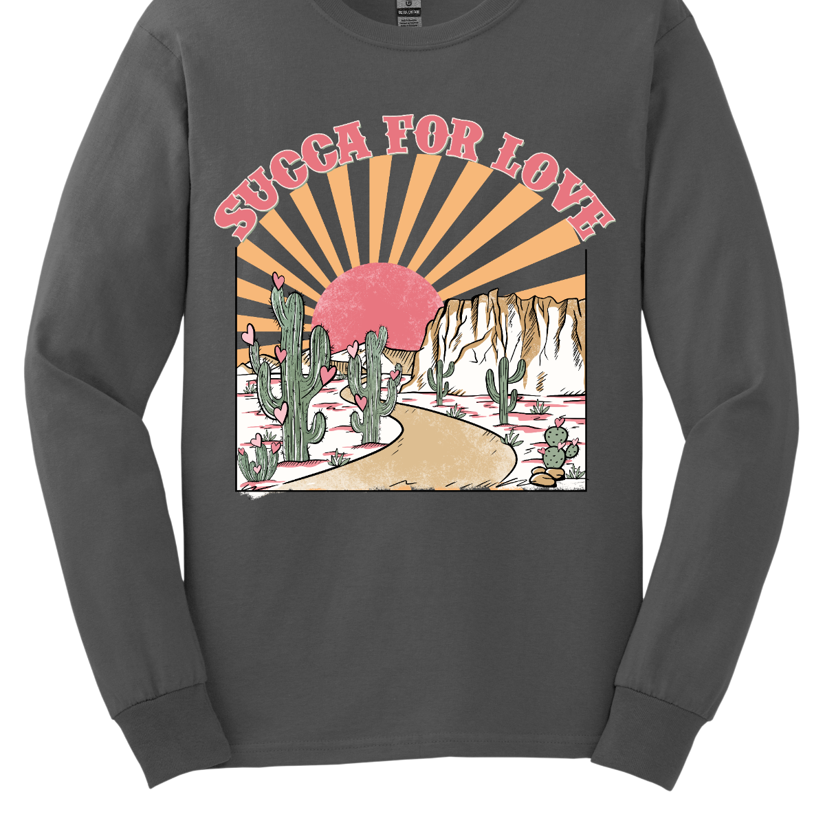 Declare your affection with our "Succa for Love" T-shirt – a playful and heartwarming garment that beautifully combines a clever phrase with the serene beauty of cactuses and a sunrise or sunset. Perfect for those who appreciate a unique and charming expression of love inspired by the beauty of the desert. Shop at Gorgeousware.com