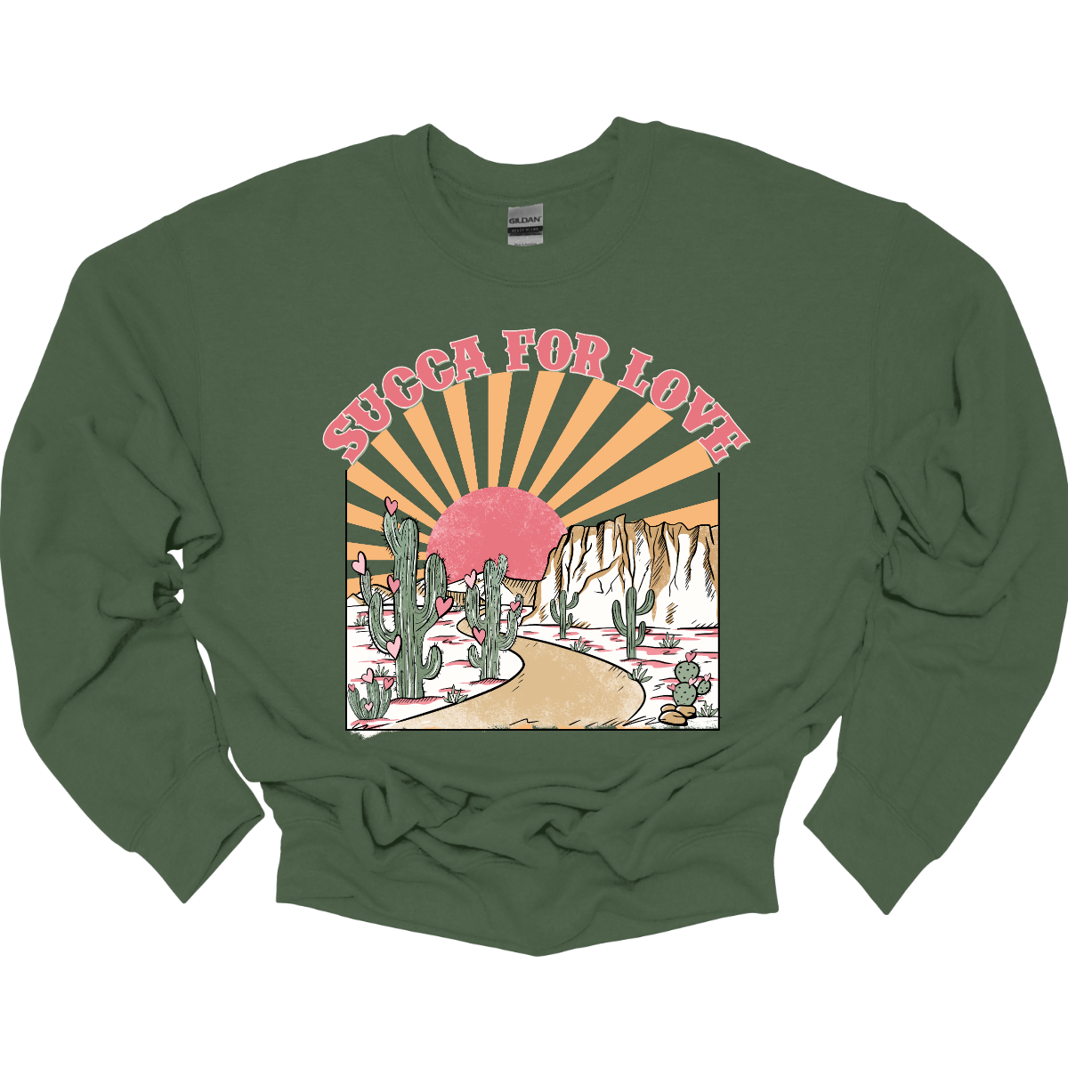 Declare your affection with our "Succa for Love" T-shirt – a playful and heartwarming garment that beautifully combines a clever phrase with the serene beauty of cactuses and a sunrise or sunset. Perfect for those who appreciate a unique and charming expression of love inspired by the beauty of the desert. Shop at Gorgeousware.com