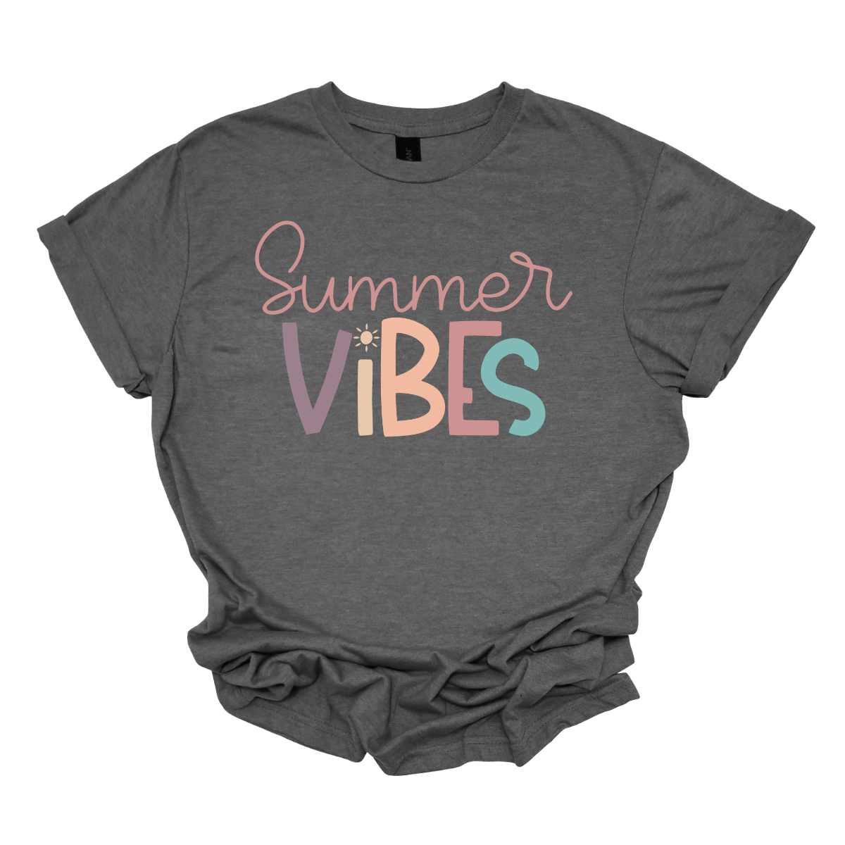 This shirt features the playful phrase "Summer Vibes" in a fun, vibrant font that immediately evokes a sense of warmth and relaxation. The letters are styled in soft pastel hues of purple, blue, pink, and coral, creating a cheerful and breezy vibe. The combination of these gentle, summery colors makes the design feel lighthearted and perfect for sunny days. Shop Gorgeouseware.com