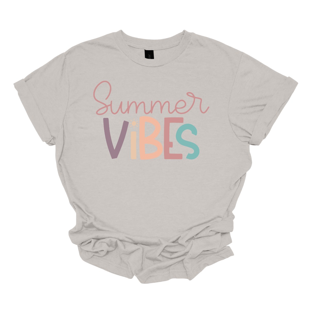 This shirt features the playful phrase "Summer Vibes" in a fun, vibrant font that immediately evokes a sense of warmth and relaxation. The letters are styled in soft pastel hues of purple, blue, pink, and coral, creating a cheerful and breezy vibe. The combination of these gentle, summery colors makes the design feel lighthearted and perfect for sunny days. Shop Gorgeouseware.com