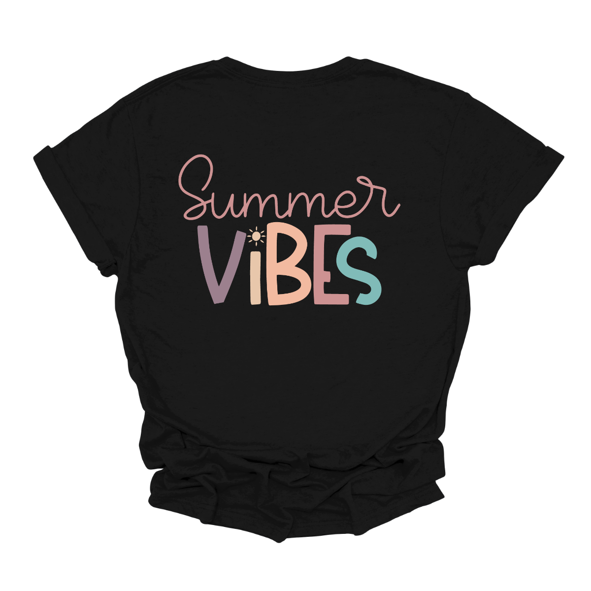 This shirt features the playful phrase "Summer Vibes" in a fun, vibrant font that immediately evokes a sense of warmth and relaxation. The letters are styled in soft pastel hues of purple, blue, pink, and coral, creating a cheerful and breezy vibe. The combination of these gentle, summery colors makes the design feel lighthearted and perfect for sunny days. Shop Gorgeouseware.com