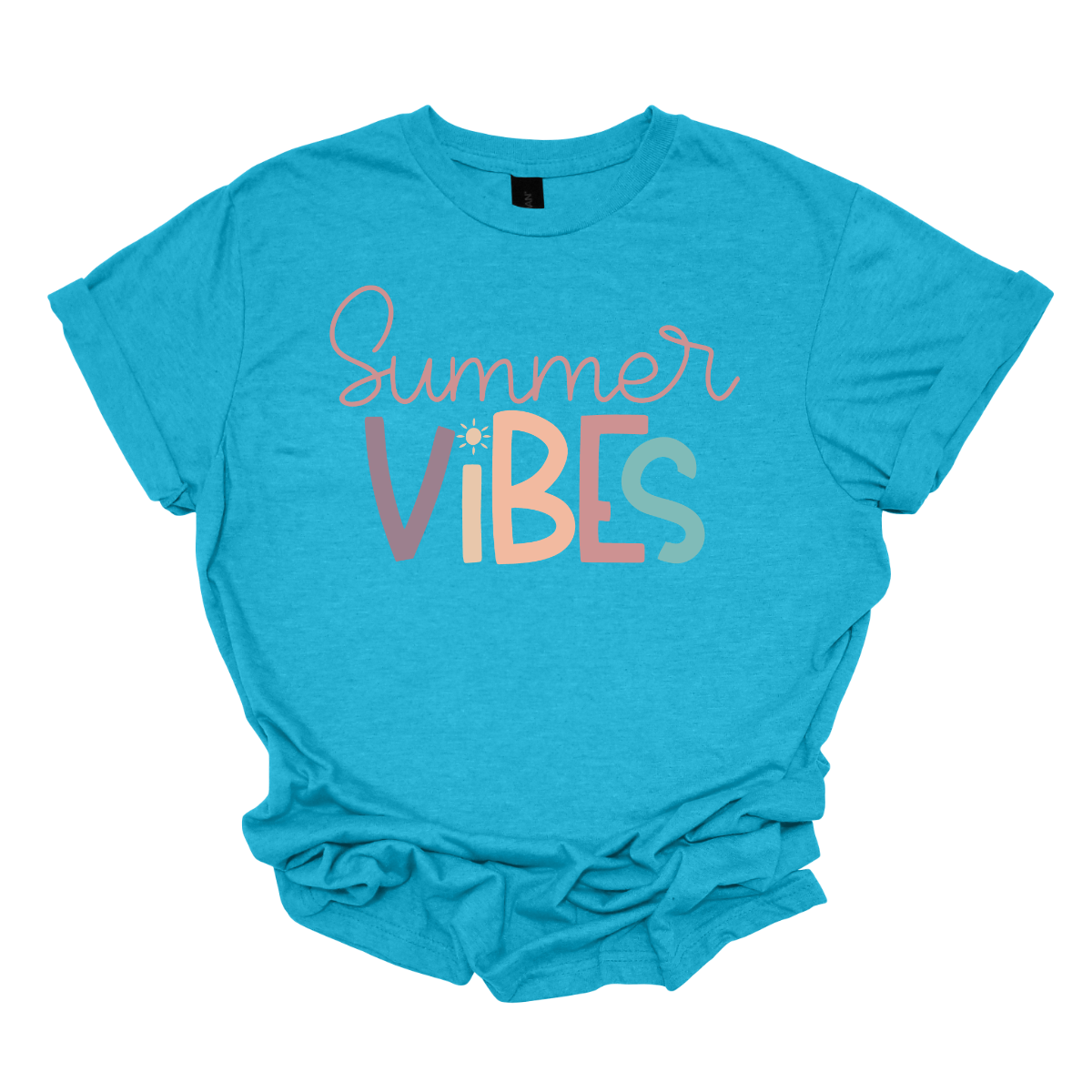 This shirt features the playful phrase "Summer Vibes" in a fun, vibrant font that immediately evokes a sense of warmth and relaxation. The letters are styled in soft pastel hues of purple, blue, pink, and coral, creating a cheerful and breezy vibe. The combination of these gentle, summery colors makes the design feel lighthearted and perfect for sunny days. Shop Gorgeouseware.com