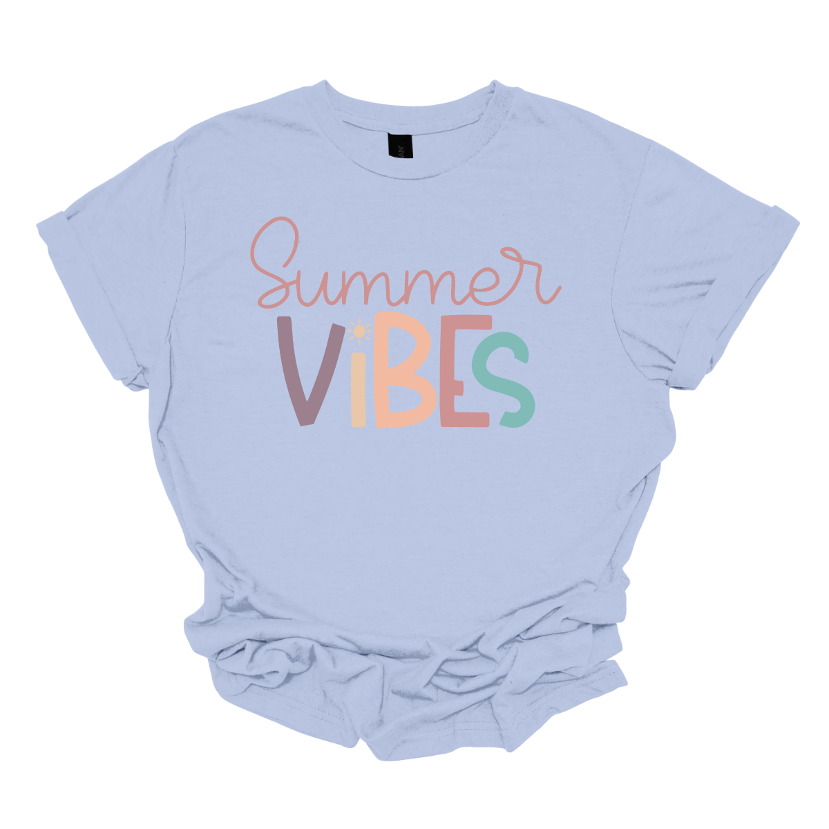 This shirt features the playful phrase "Summer Vibes" in a fun, vibrant font that immediately evokes a sense of warmth and relaxation. The letters are styled in soft pastel hues of purple, blue, pink, and coral, creating a cheerful and breezy vibe. The combination of these gentle, summery colors makes the design feel lighthearted and perfect for sunny days. Shop Gorgeouseware.com