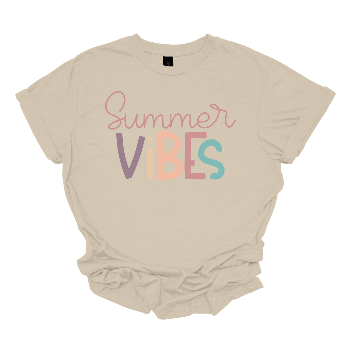 This shirt features the playful phrase "Summer Vibes" in a fun, vibrant font that immediately evokes a sense of warmth and relaxation. The letters are styled in soft pastel hues of purple, blue, pink, and coral, creating a cheerful and breezy vibe. The combination of these gentle, summery colors makes the design feel lighthearted and perfect for sunny days. Shop Gorgeouseware.com