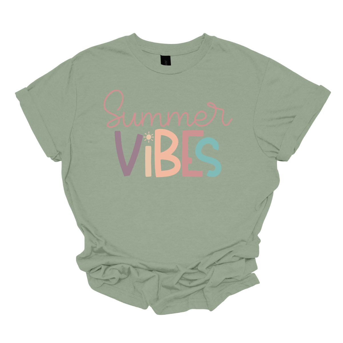 This shirt features the playful phrase "Summer Vibes" in a fun, vibrant font that immediately evokes a sense of warmth and relaxation. The letters are styled in soft pastel hues of purple, blue, pink, and coral, creating a cheerful and breezy vibe. The combination of these gentle, summery colors makes the design feel lighthearted and perfect for sunny days. Shop Gorgeouseware.com