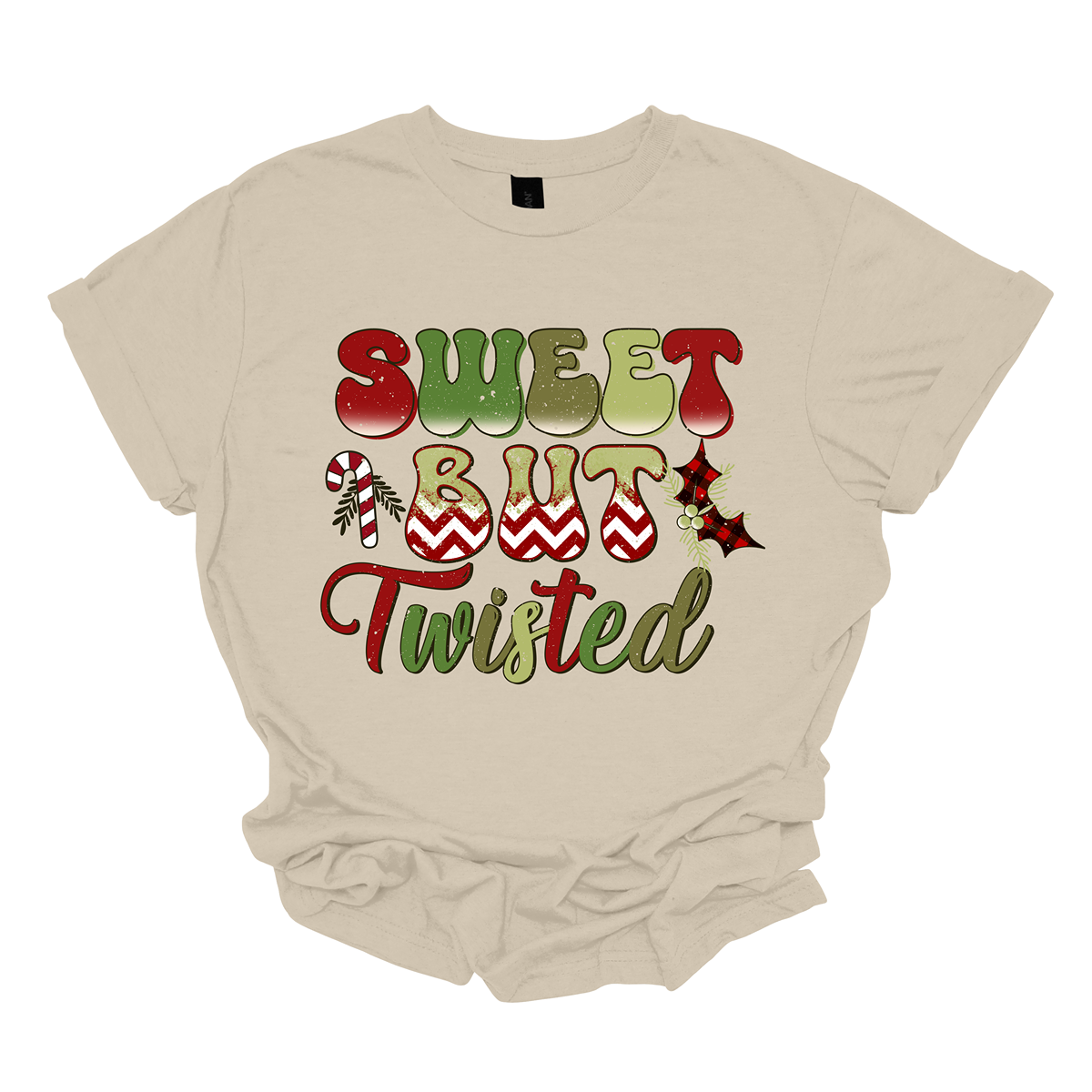 The apparel features a playful and bold design with the phrase "Sweet but Twisted" prominently displayed in large bubble letters. The letters are vibrant, with shades of green and red, creating a fun, festive contrast. The word "but" stands out, with its bottom edges filled with a red and white chevron pattern, adding a striking visual detail. Shop at Gorgeousware.com