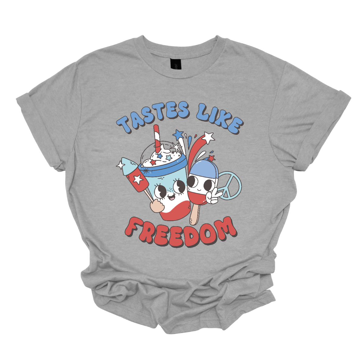 The design titled "Tastes Like Freedom" captures the essence of American patriotism and fun summer vibes. The phrase "Tastes Like Freedom" is displayed in bold, playful lettering with a red, white, and blue color scheme, evoking the colors of the American flag. 
In the picture, a Bomb Pop, a peace sign, firework, and cool drink symbolizing childhood memories and summer enjoyment. Shop Gorgeousware.com