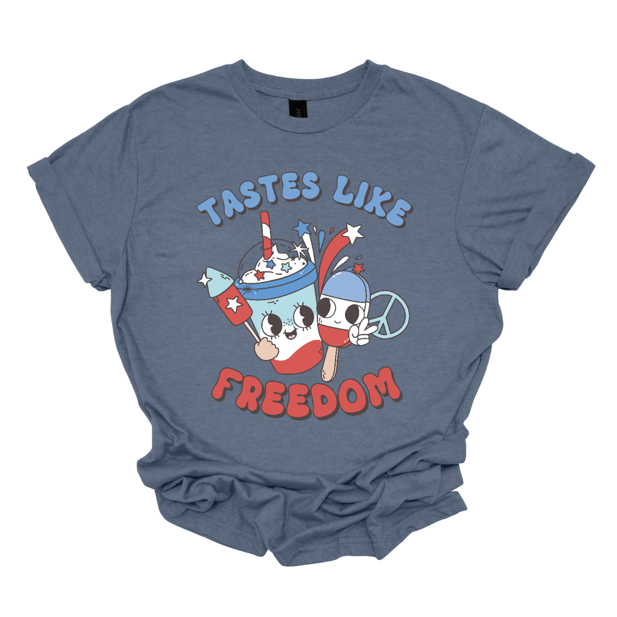 The design titled "Tastes Like Freedom" captures the essence of American patriotism and fun summer vibes. The phrase "Tastes Like Freedom" is displayed in bold, playful lettering with a red, white, and blue color scheme, evoking the colors of the American flag. 
In the picture, a Bomb Pop, a peace sign, firework, and cool drink symbolizing childhood memories and summer enjoyment. Shop Gorgeousware.com