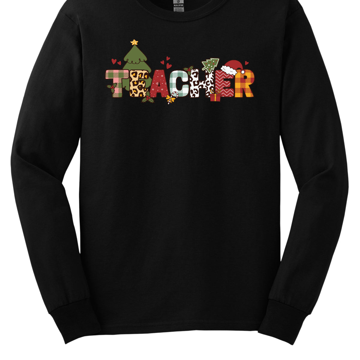 This eye-catching t-shirt boldly displays the word "TEACHER" in large block letters, each letter showcasing a unique style of print that adds a fun and creative flair. Behind the first "E," a cheerful Christmas tree adds a festive touch, while the second "E" is adorned with a cute Santa hat, making it even more playful. Shop Gorgeouswre.com