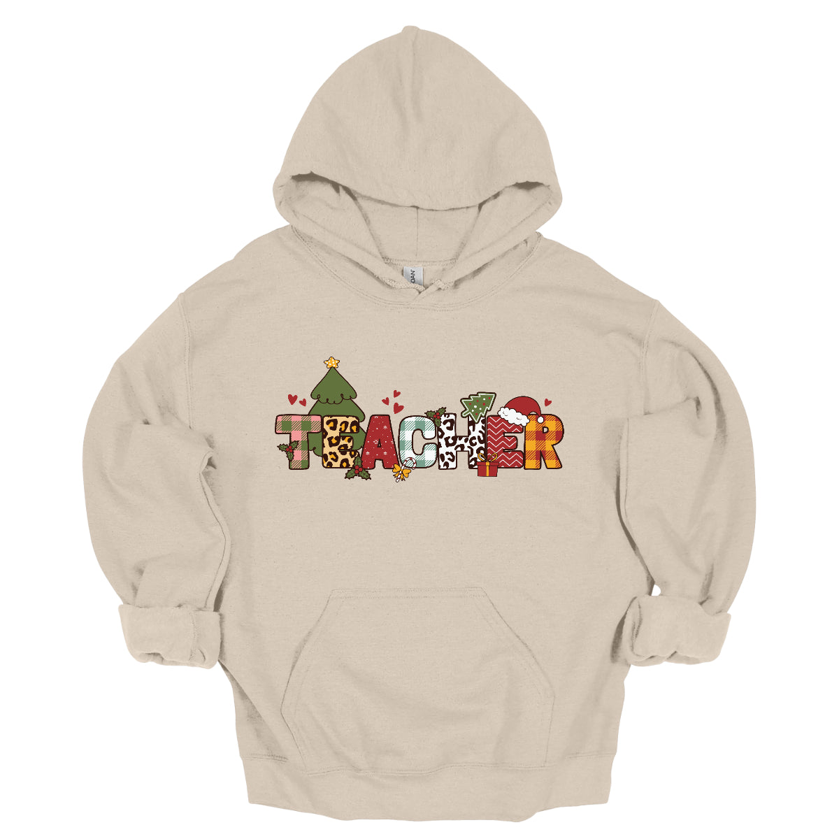 This eye-catching t-shirt boldly displays the word "TEACHER" in large block letters, each letter showcasing a unique style of print that adds a fun and creative flair. Behind the first "E," a cheerful Christmas tree adds a festive touch, while the second "E" is adorned with a cute Santa hat, making it even more playful. Shop Gorgeouswre.com