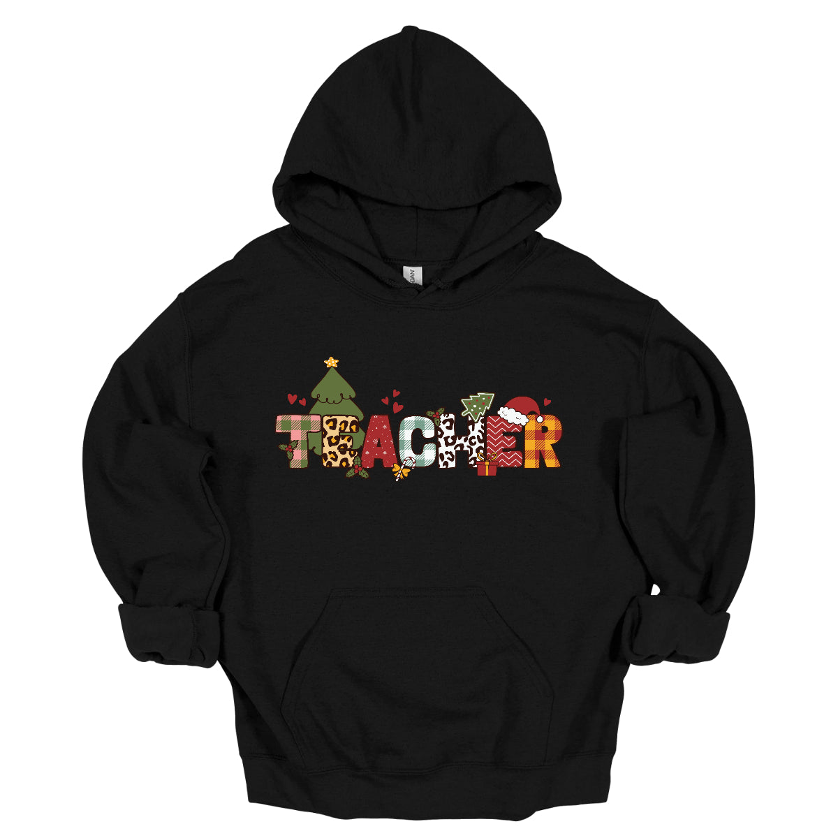 This eye-catching t-shirt boldly displays the word "TEACHER" in large block letters, each letter showcasing a unique style of print that adds a fun and creative flair. Behind the first "E," a cheerful Christmas tree adds a festive touch, while the second "E" is adorned with a cute Santa hat, making it even more playful. Shop Gorgeouswre.com