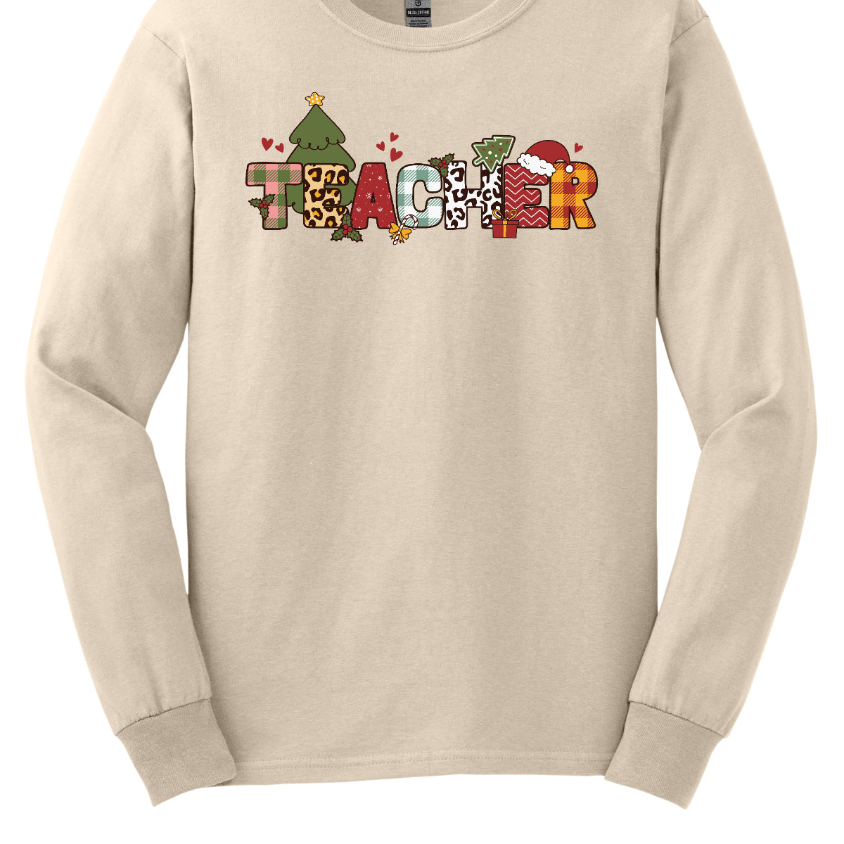 This eye-catching t-shirt boldly displays the word "TEACHER" in large block letters, each letter showcasing a unique style of print that adds a fun and creative flair. Behind the first "E," a cheerful Christmas tree adds a festive touch, while the second "E" is adorned with a cute Santa hat, making it even more playful. Shop Gorgeouswre.com