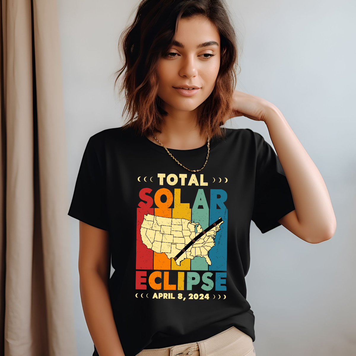 Step back in time with our 'Total Solar Eclipse" retro-inspired t-shirt! Featuring a vintage map of the USA with a charming path of totality, this design captures the essence of nostalgia and adventure. Boldly proclaiming 'Solar Eclipse' alongside the whimsical 'Total Solar Eclipse' message, it's a playful nod to the historic celestial event of 2024. Shop at Gorgeousware.com today!