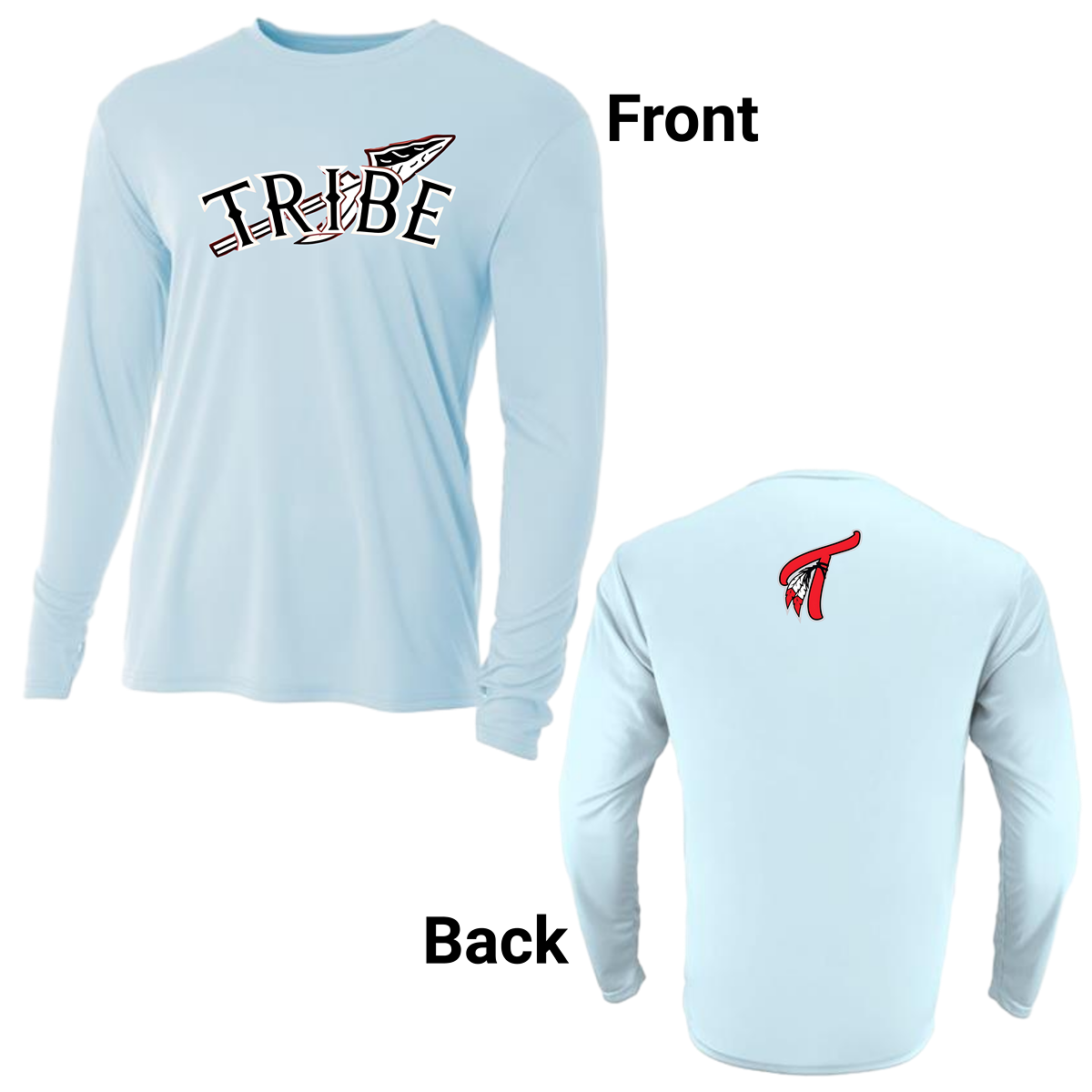 This Long Sleeve Dri-Fit shirt featuring the Tribe Baseball logo has a sleek, athletic design made of moisture-wicking, breathable fabric to keep the wearer cool and dry. The shirt comes in classic team colors, white, red, or black, as well as silver, light blue and military green.  This shirt comes with a crew neck and a slightly fitted cut to allow flexibility and movement.
The Tribe Baseball logo prominently displayed on the chest, in bold, vibrant colors make it pop against the shirt color.