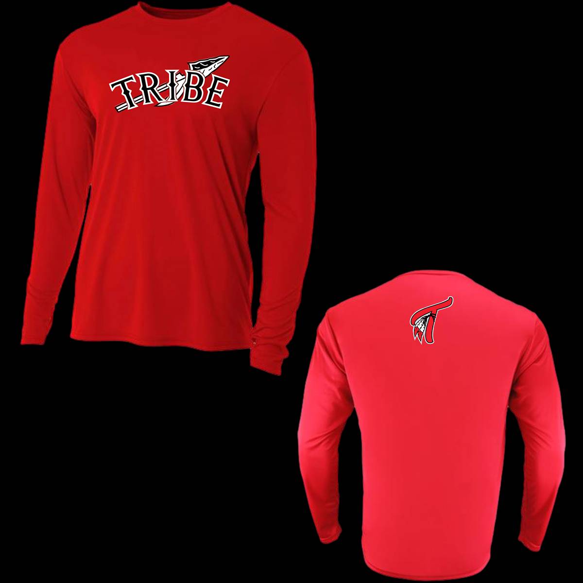 This Long Sleeve Dri-Fit shirt featuring the Tribe Baseball logo has a sleek, athletic design made of moisture-wicking, breathable fabric to keep the wearer cool and dry. The shirt comes in classic team colors, white, red, or black, as well as silver, light blue and military green.  This shirt comes with a crew neck and a slightly fitted cut to allow flexibility and movement.
The Tribe Baseball logo prominently displayed on the chest, in bold, vibrant colors make it pop against the shirt color.