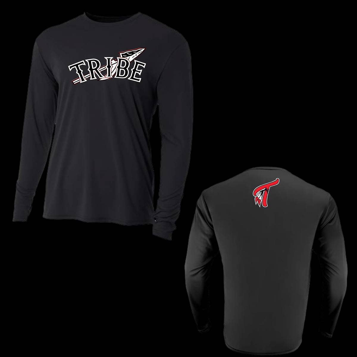 This Long Sleeve Dri-Fit shirt featuring the Tribe Baseball logo has a sleek, athletic design made of moisture-wicking, breathable fabric to keep the wearer cool and dry. The shirt comes in classic team colors, white, red, or black, as well as silver, light blue and military green. This shirt comes with a crew neck and a slightly fitted cut to allow flexibility and movement.
The Tribe Baseball logo prominently displayed on the chest, in bold, vibrant colors make it pop against the shirt color.