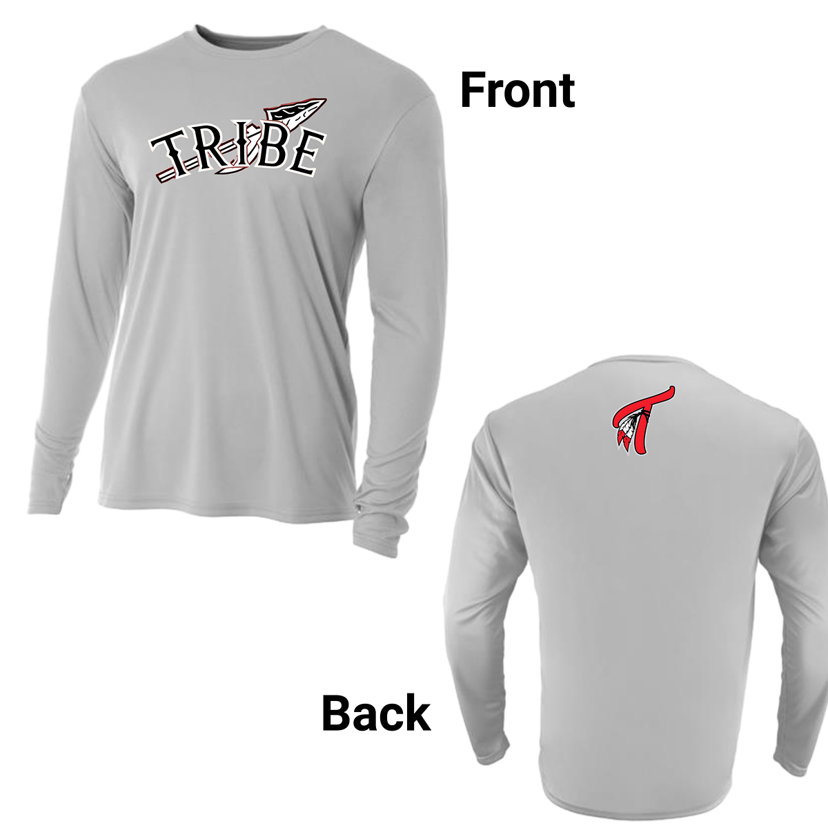 This Long Sleeve Dri-Fit shirt featuring the Tribe Baseball logo has a sleek, athletic design made of moisture-wicking, breathable fabric to keep the wearer cool and dry. The shirt comes in classic team colors, white, red, or black, as well as silver, light blue and military green.  This shirt comes with a crew neck and a slightly fitted cut to allow flexibility and movement.
The Tribe Baseball logo prominently displayed on the chest, in bold, vibrant colors make it pop against the shirt color.