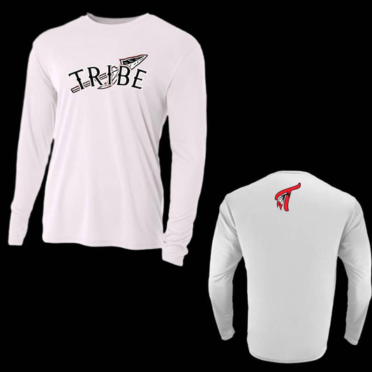 This Long Sleeve Dri-Fit shirt featuring the Tribe Baseball logo has a sleek, athletic design made of moisture-wicking, breathable fabric to keep the wearer cool and dry. The shirt comes in classic team colors, white, red, or black, as well as silver, light blue and military green.  This shirt comes with a crew neck and a slightly fitted cut to allow flexibility and movement.
The Tribe Baseball logo prominently displayed on the chest, in bold, vibrant colors make it pop against the shirt color.