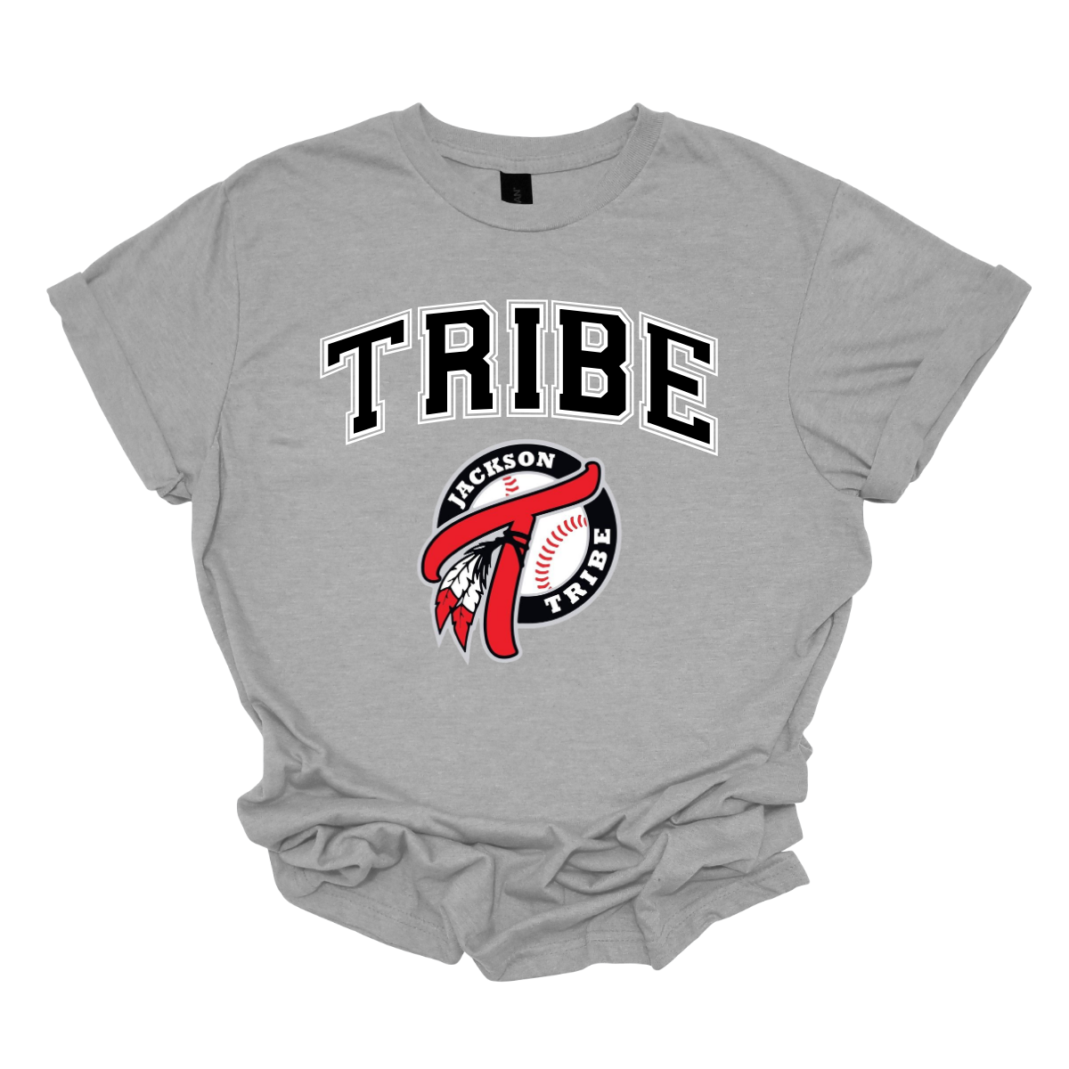 This clothing piece exudes an old-school collegiate vibe, perfect for fans of the Jackson Tribe. At the top, "Tribe" is displayed in a classic collegiate font, evoking a sense of tradition and team spirit. Just below, the Jackson Tribe logo is featured in a smaller size, adding a subtle yet stylish touch. Shop at Gorgeousware.com