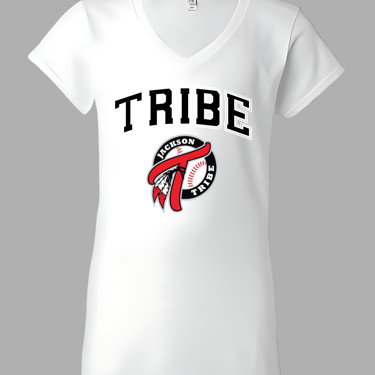 This clothing piece exudes an old-school collegiate vibe, perfect for fans of the Jackson Tribe. At the top, "Tribe" is displayed in a classic collegiate font, evoking a sense of tradition and school spirit. Just below, the Jackson Tribe logo is featured in a smaller size, adding a subtle yet stylish touch. Shop at Gorgeousware.com