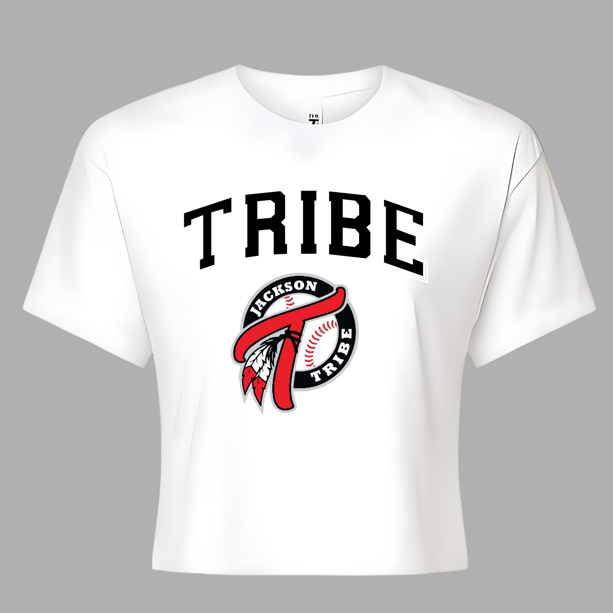 This clothing piece exudes an old-school collegiate vibe, perfect for fans of the Jackson Tribe. At the top, "Tribe" is displayed in a classic collegiate font, evoking a sense of tradition and school spirit. Just below, the Jackson Tribe logo is featured in a smaller size, adding a subtle yet stylish touch. Shop at Gorgeousware.com