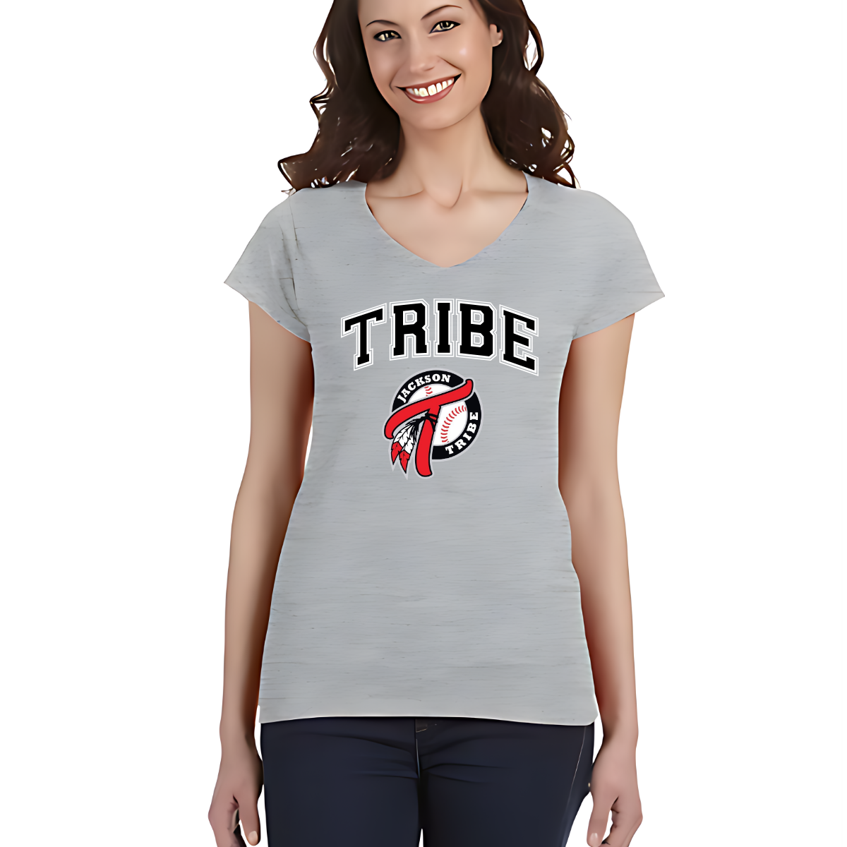 This clothing piece exudes an old-school collegiate vibe, perfect for fans of the Jackson Tribe. At the top, "Tribe" is displayed in a classic collegiate font, evoking a sense of tradition and school spirit. Just below, the Jackson Tribe logo is featured in a smaller size, adding a subtle yet stylish touch. Shop at Gorgeousware.com