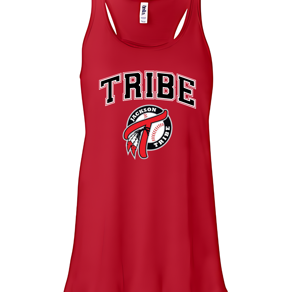 This clothing piece exudes an old-school collegiate vibe, perfect for fans of the Jackson Tribe. At the top, "Tribe" is displayed in a classic collegiate font, evoking a sense of tradition and school spirit. Just below, the Jackson Tribe logo is featured in a smaller size, adding a subtle yet stylish touch. Shop at Gorgeousware.com