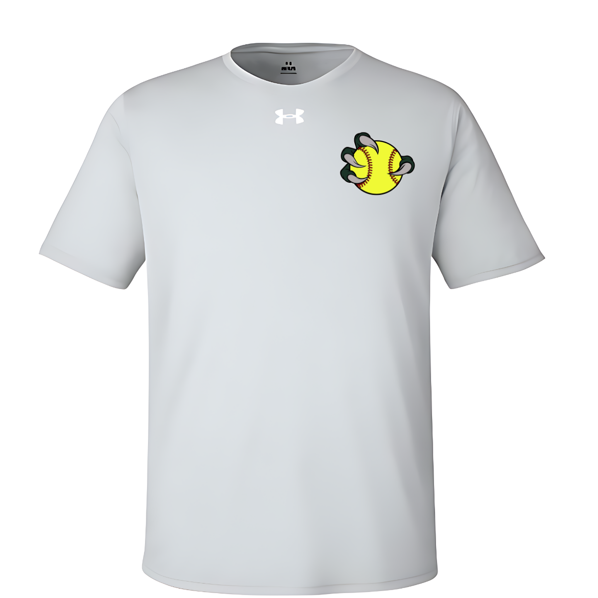 Grey t-shirt with a yellow and green graphic on a white background