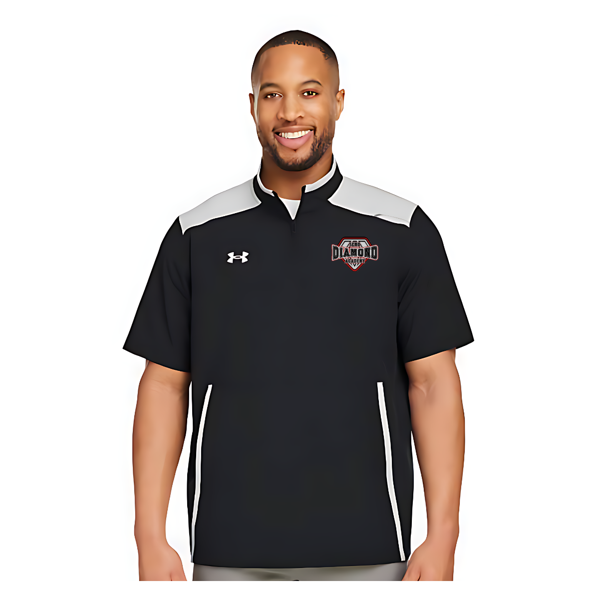 Man wearing a black and white sports shirt with the SEMO Diamond Academy logo on a white background