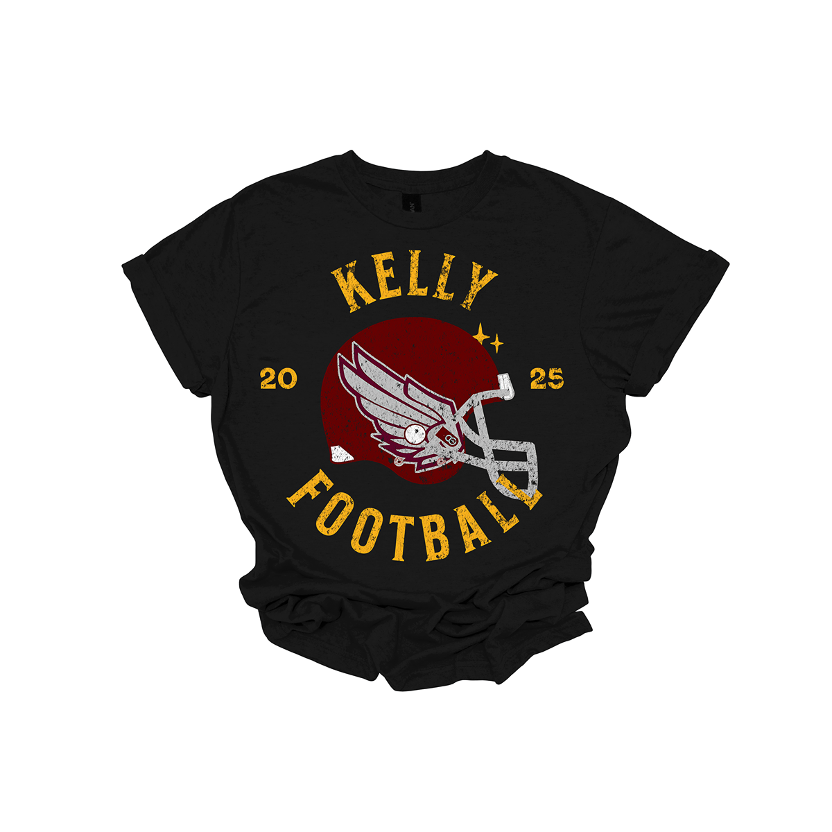 Classic team pride meets rugged style in this unisex Kelly Football tee. Available in dark heather grey or black, the design features “Kelly” in bold gold font above a detailed image of the Kelly football helmet, with “Football” underneath. The helmet is flanked by “20” on the left and “25” on the right to mark the 2025 season. A grunge texture runs throughout the design, giving it a worn-in, game-day-ready look that’s perfect for fans, players, and proud supporters.  Shop at Gorgeousware.com