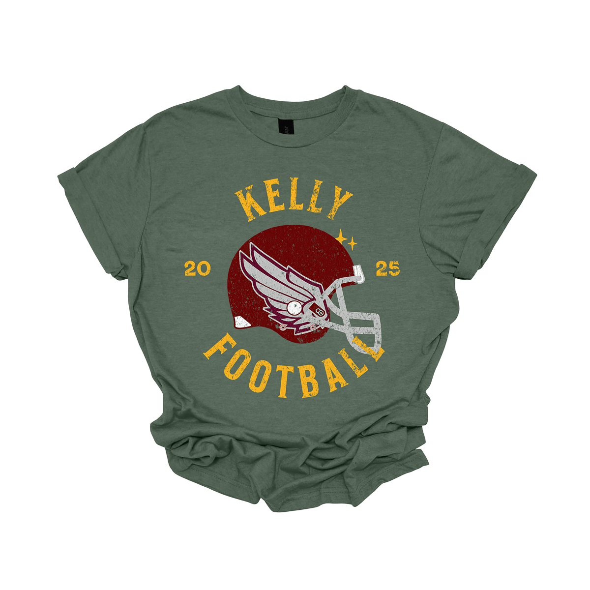 Classic team pride meets rugged style in this unisex Kelly Football tee. Available in dark heather grey or black, the design features “Kelly” in bold gold font above a detailed image of the Kelly football helmet, with “Football” underneath. The helmet is flanked by “20” on the left and “25” on the right to mark the 2025 season. A grunge texture runs throughout the design, giving it a worn-in, game-day-ready look that’s perfect for fans, players, and proud supporters.  Shop at Gorgeousware.com