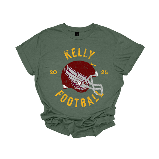 Classic team pride meets rugged style in this unisex Kelly Football tee. Available in dark heather grey or black, the design features “Kelly” in bold gold font above a detailed image of the Kelly football helmet, with “Football” underneath. The helmet is flanked by “20” on the left and “25” on the right to mark the 2025 season. A grunge texture runs throughout the design, giving it a worn-in, game-day-ready look that’s perfect for fans, players, and proud supporters.  Shop at Gorgeousware.com