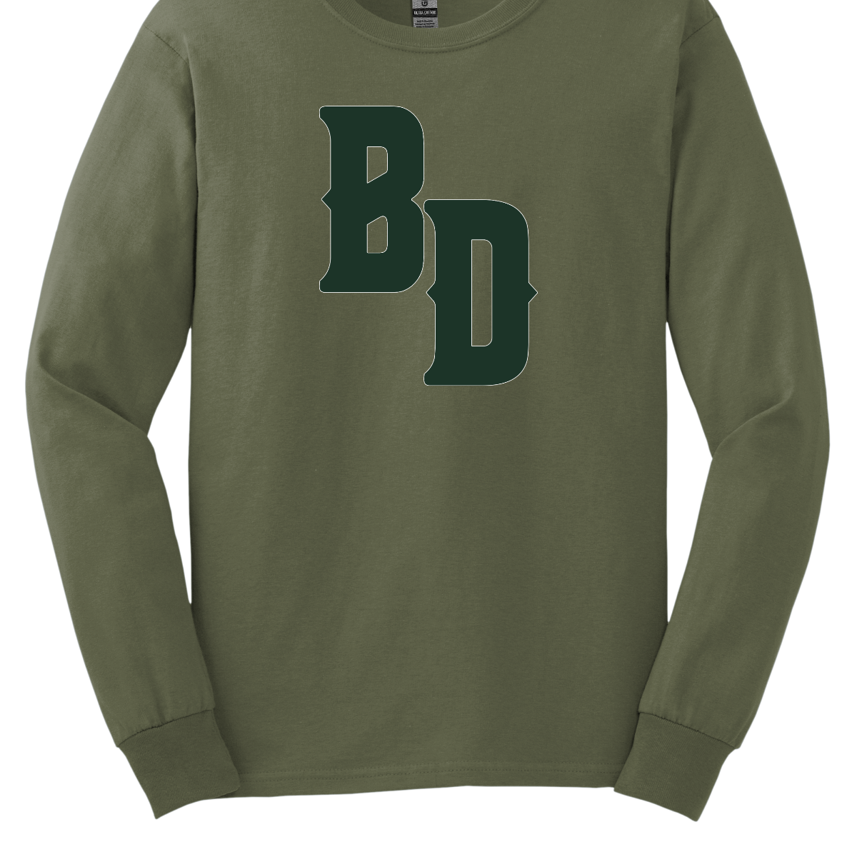 Green long-sleeve shirt with 'BD' logo on a white background