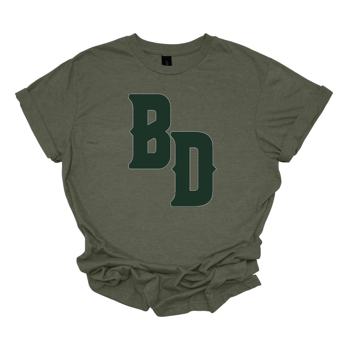 Green t-shirt with 'BD' logo on a white background