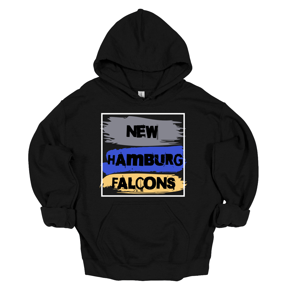 The combination of these words—"New Hamburg Falcons"—forms a cohesive graphic element that adds a unique touch to the apparel, whether on a t-shirt, hoodie, or other clothing item. The colors in each swatch can vary, but they are thoughtfully selected to complement one another and create a visually balanced look. Shop at Gorgeousware.com