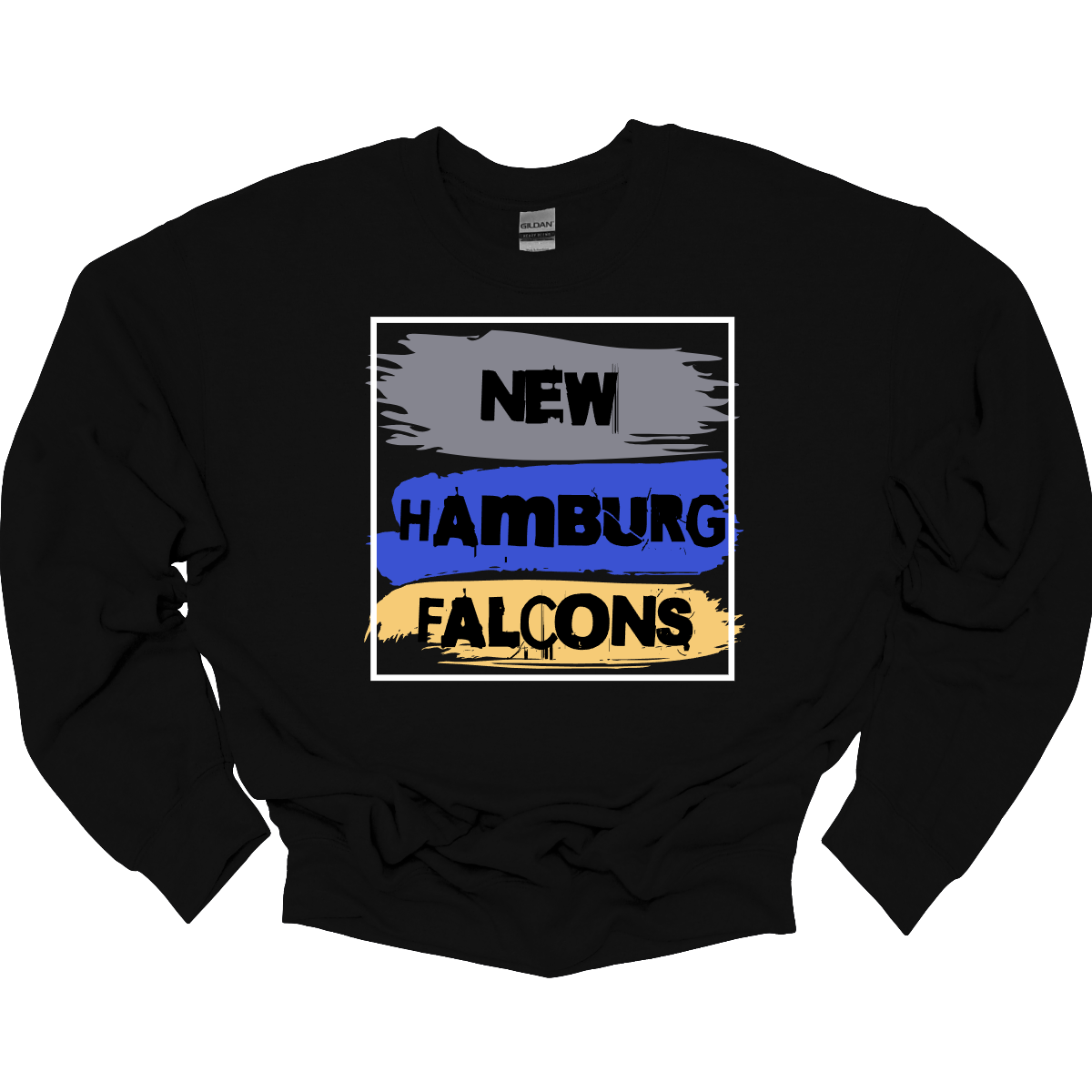 The combination of these words—"New Hamburg Falcons"—forms a cohesive graphic element that adds a unique touch to the apparel, whether on a t-shirt, hoodie, or other clothing item. The colors in each swatch can vary, but they are thoughtfully selected to complement one another and create a visually balanced look. Shop at Gorgeousware.com