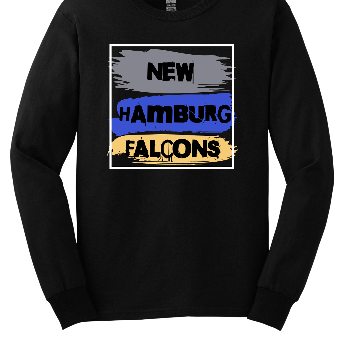 The combination of these words—"New Hamburg Falcons"—forms a cohesive graphic element that adds a unique touch to the apparel, whether on a t-shirt, hoodie, or other clothing item. The colors in each swatch can vary, but they are thoughtfully selected to complement one another and create a visually balanced look. Shop at Gorgeousware.com