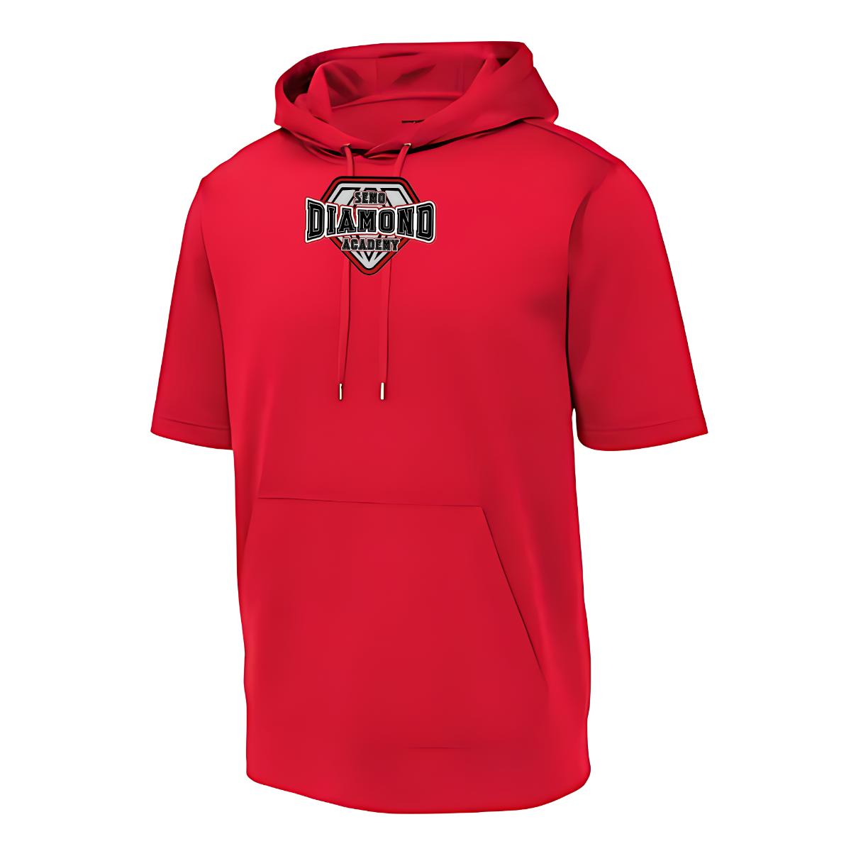 Red hoodie short sleeve sweatshirt with a "SEMO Diamond Academy" logo on a white background