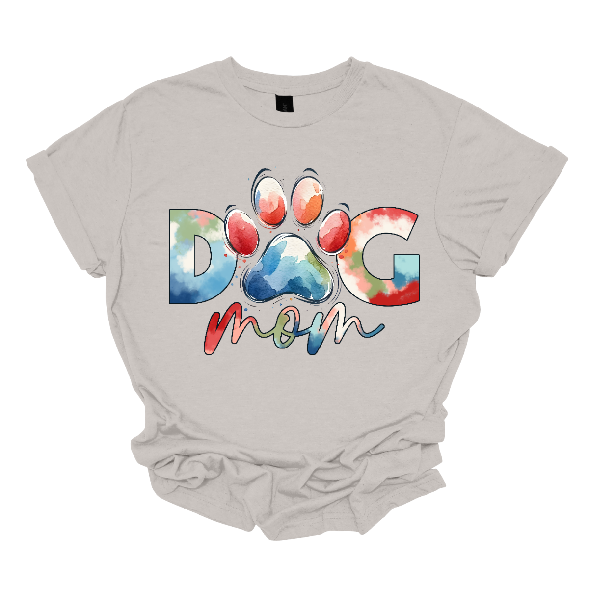 Imagine a stylish and vibrant "Dog Mom" shirt featuring bold, block letters filled with a tie-dye pattern. The letters have a groovy, retro vibe, with swirling shades of blue, pink, red, and orange, giving it a fun and playful energy. The o" is a paw print. Shop Gorgeousware.com
