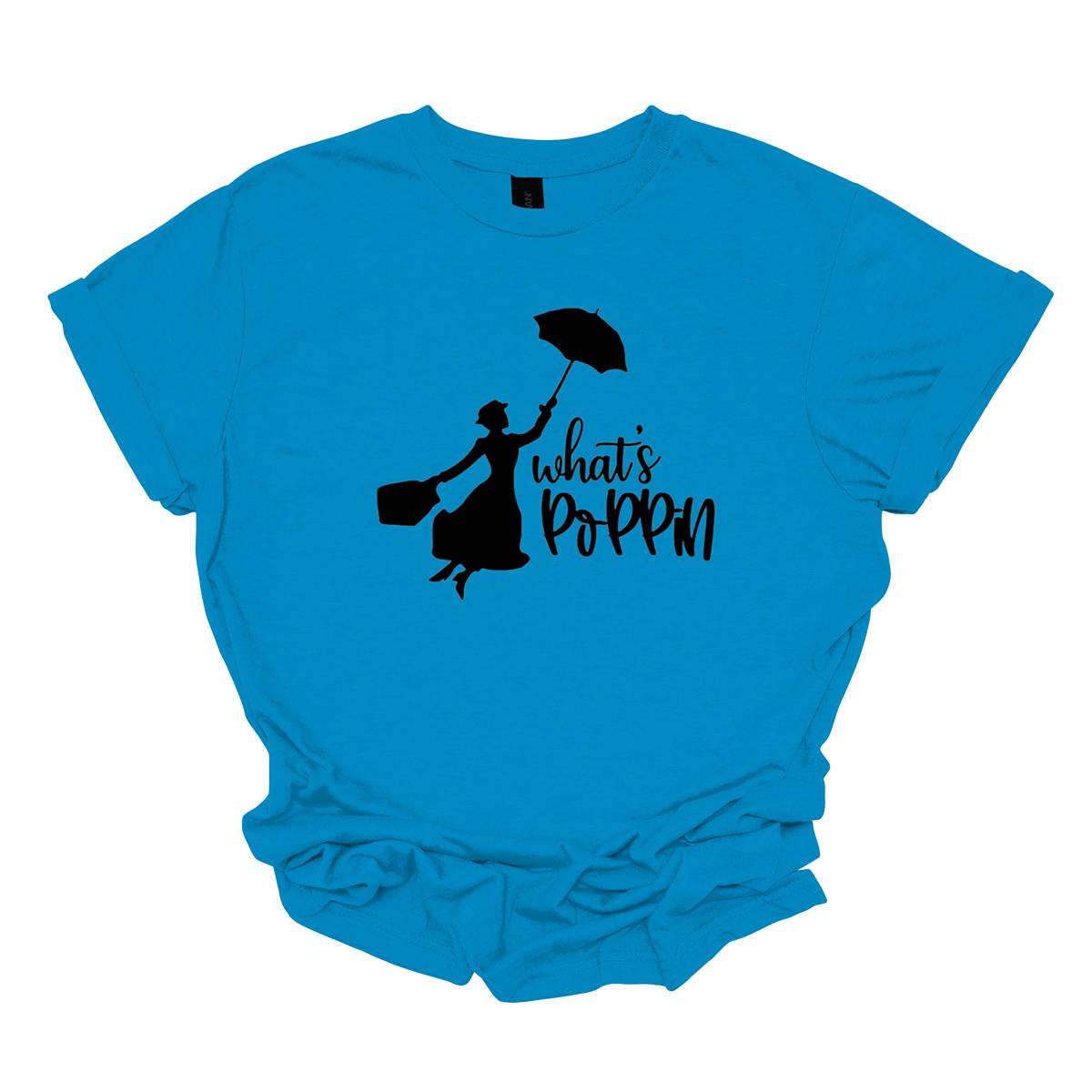 This t-shirt features a chic and playful design with the phrase "What's Poppin'" rendered in an elegant black cursive font. The flowing script adds a touch of sophistication and style to the design. Next to the text is a silhouette of Mary Poppins, capturing the iconic character's classic charm and whimsical essence. The silhouette showcases Mary Poppins with her signature umbrella and carpet bag, adding a delightful and nostalgic touch to the shirt. Shop Gorgeousware.com