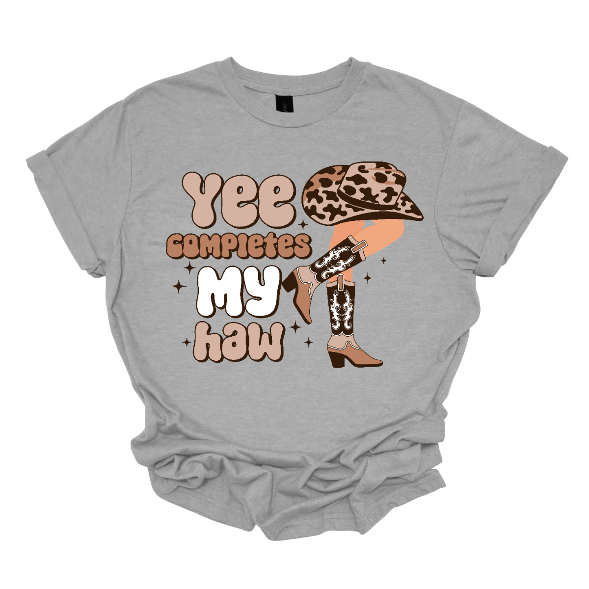 Introducing our "Yee Completes My Haw" T-shirt – a playful and charming garment that adds a touch of Western humor to your wardrobe. This shirt features the phrase "Yee Completes My Haw" accompanied by a whimsical illustration of a cowgirl leg kicked back, adorned with boots and a hat. Shop at Gorgeousware.com