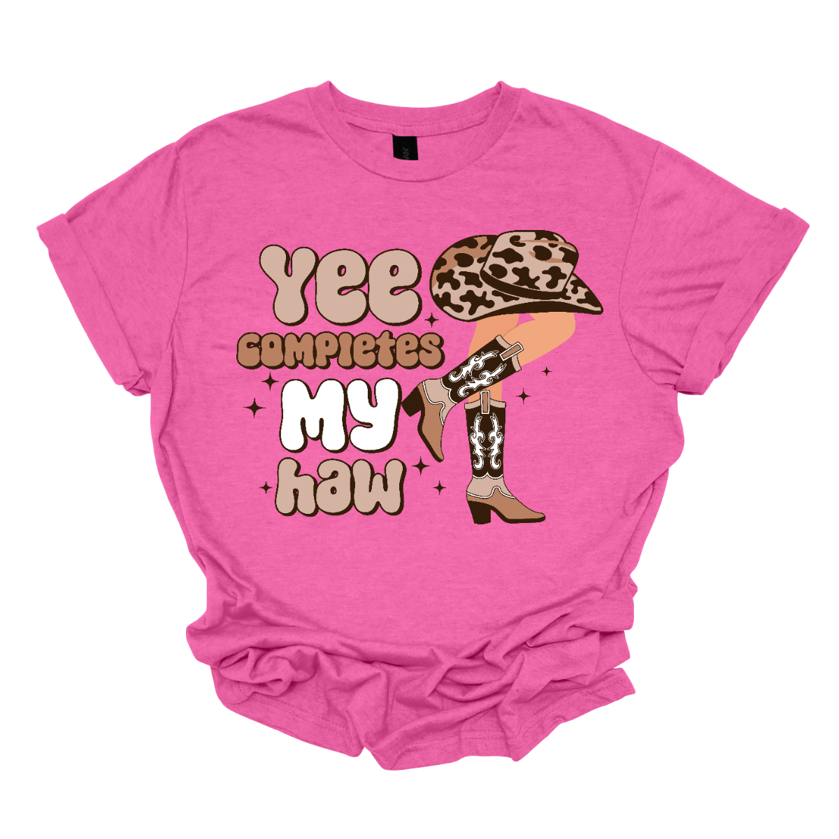 Introducing our "Yee Completes My Haw" T-shirt – a playful and charming garment that adds a touch of Western humor to your wardrobe. This shirt features the phrase "Yee Completes My Haw" accompanied by a whimsical illustration of a cowgirl leg kicked back, adorned with boots and a hat. Shop at Gorgeousware.com