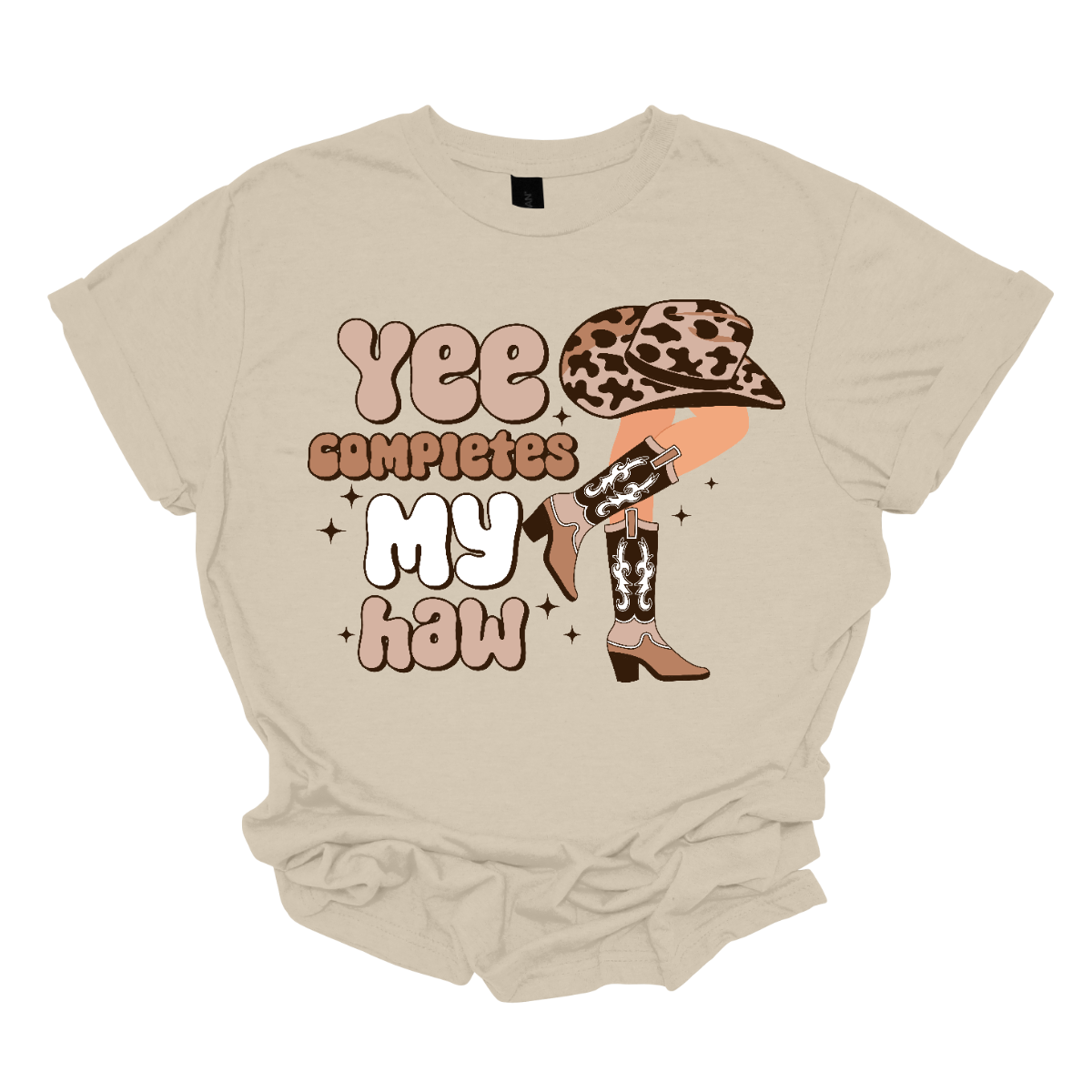 Introducing our "Yee Completes My Haw" T-shirt – a playful and charming garment that adds a touch of Western humor to your wardrobe. This shirt features the phrase "Yee Completes My Haw" accompanied by a whimsical illustration of a cowgirl leg kicked back, adorned with boots and a hat. Shop at Gorgeousware.com