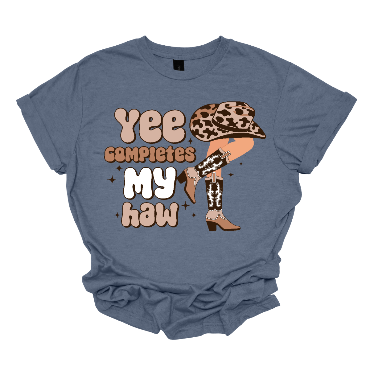 Introducing our "Yee Completes My Haw" T-shirt – a playful and charming garment that adds a touch of Western humor to your wardrobe. This shirt features the phrase "Yee Completes My Haw" accompanied by a whimsical illustration of a cowgirl leg kicked back, adorned with boots and a hat. Shop at Gorgeousware.com
