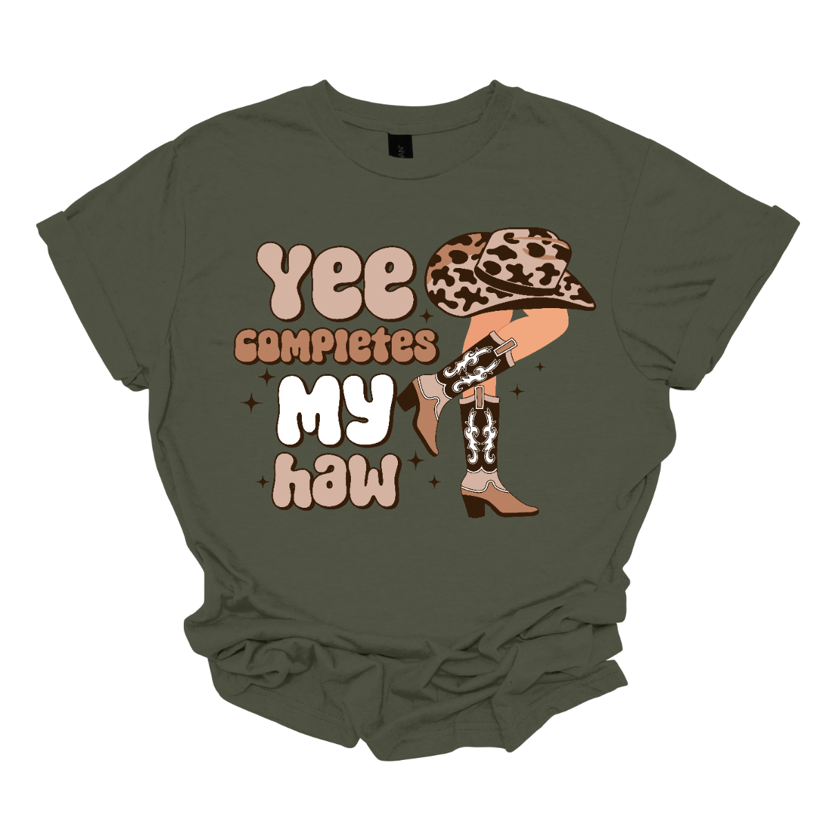 Introducing our "Yee Completes My Haw" T-shirt – a playful and charming garment that adds a touch of Western humor to your wardrobe. This shirt features the phrase "Yee Completes My Haw" accompanied by a whimsical illustration of a cowgirl leg kicked back, adorned with boots and a hat. Shop at Gorgesouware.com