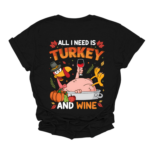 Make a statement this Thanksgiving with our “All I Need Is Turkey and Wine” t-shirt! Featuring a cheeky naked turkey donning a pilgrim hat, lounging in a roasting pan and holding a glass of wine, this shirt is all about enjoying the holiday with a sense of humor. Surrounded by vibrant fall leaves, the design adds a touch of seasonal charm. Gorgeousware.com