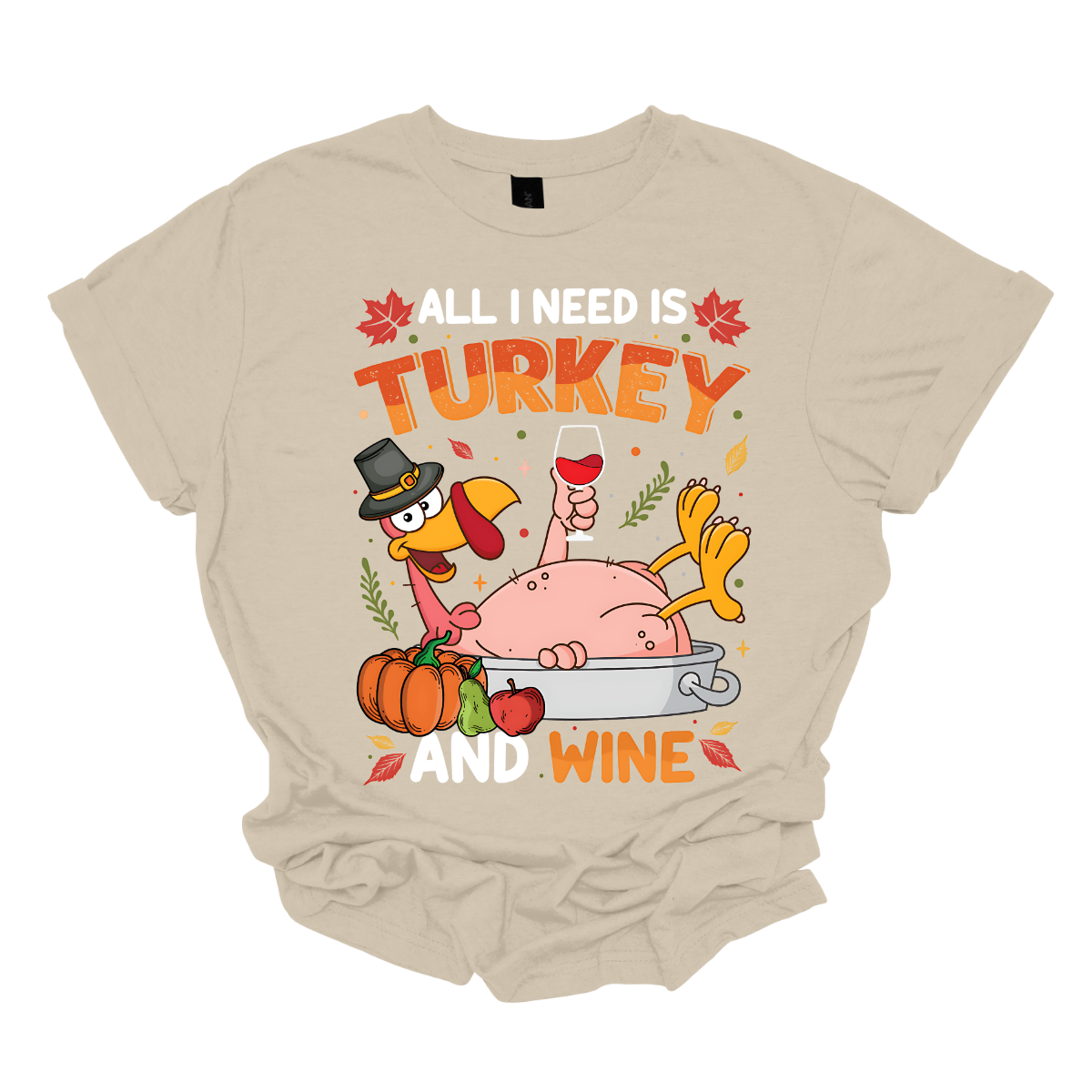 Make a statement this Thanksgiving with our “All I Need Is Turkey and Wine” t-shirt! Featuring a cheeky naked turkey donning a pilgrim hat, lounging in a roasting pan and holding a glass of wine, this shirt is all about enjoying the holiday with a sense of humor. Surrounded by vibrant fall leaves, the design adds a touch of seasonal charm. Gorgeousware.com