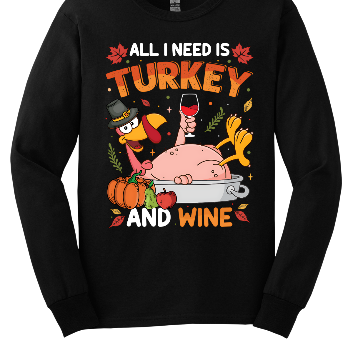 Make a statement this Thanksgiving with our “All I Need Is Turkey and Wine” t-shirt! Featuring a cheeky naked turkey donning a pilgrim hat, lounging in a roasting pan and holding a glass of wine, this shirt is all about enjoying the holiday with a sense of humor. Surrounded by vibrant fall leaves, the design adds a touch of seasonal charm. Gorgeousware.com